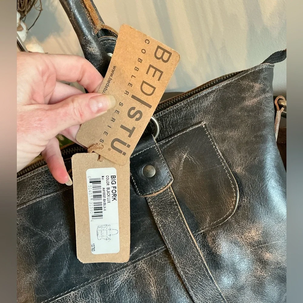 NWT Bed Stu Leather Big Fork Crossbody Tote Shoulder Bag Black Lux MSRP $365 - Picture 3 of 12